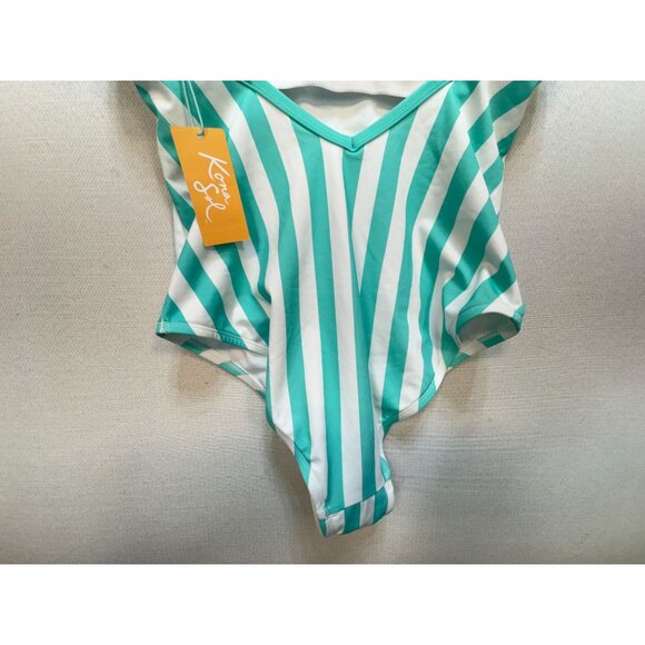 Kona Sol Womens One-Piece Swimsuit Sz M Turquoise White Striped Summer NWT - Picture 9 of 10